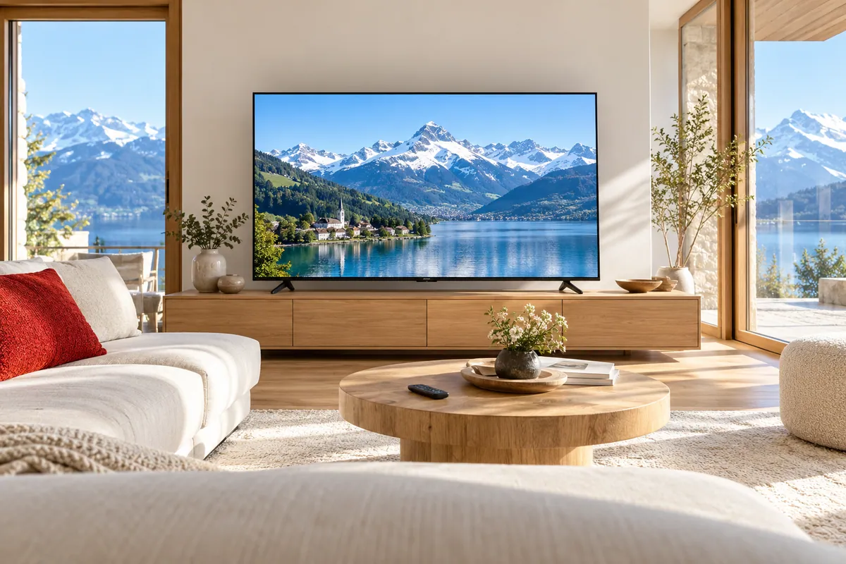 Téléviseur dans un salon lumineux avec un paysage alpin suisse à l’écran